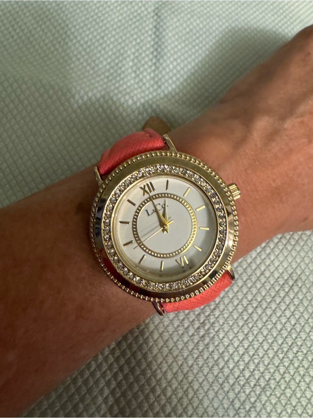 Gold-Tone Crystal Bezel Watch with Coral Pink Leather Strap